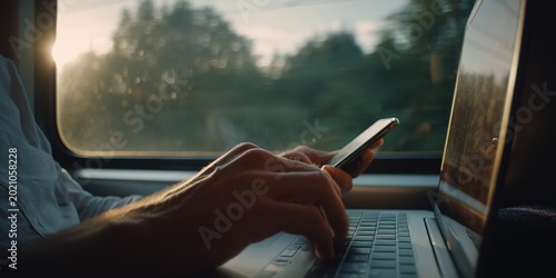 Hand holding phone, typing on laptop in train window view.