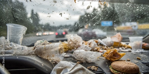 Car Dashboard Messed Up with Food Waste, Plastic Cups, and Greasy Burger