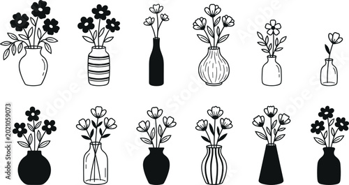 Minimal flower vase silhouette collection with elegant botanical arrangements and hand drawn floral decor vector illustration set