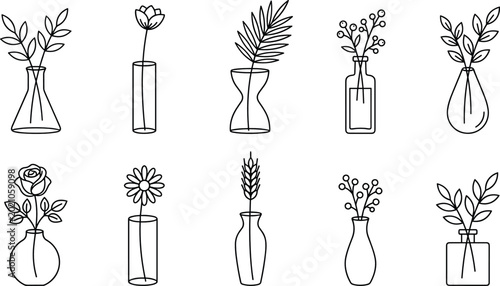 Billede på lærred Minimal floral vase outline collection with elegant botanical stems leaves and f