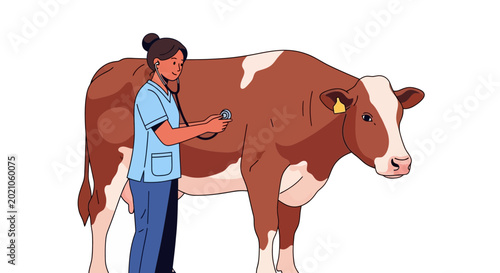 Professional Veterinarian Using A Stethoscope To Examine The Health Of A Brown And White Cow Standing In A Clinical Or Farm Setting Environment