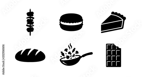 Fotografia Simple Food Icons Set: Skewers, Macaron, Pie Slice, Bread Loaf, Stir-fry, Chocol