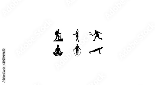 Bild auf Leinwand Diverse Fitness and Activity Icons: Silhouette Set for Sports, Yoga, Hiking, and