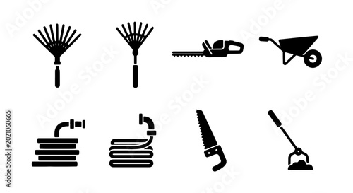 Fotografia Gardening Tools Vector Icons Set: Rake, Hedge Trimmer, Wheelbarrow, Hose, Saw, H