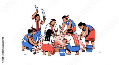 Indigenous People Group Working Together To Prepare Traditional Food Ritual In A Community Setting With Knives And Buckets On White Background