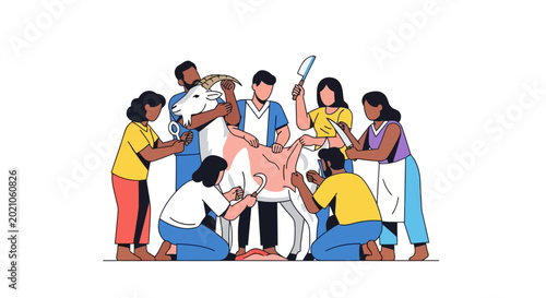 Group of Veterinary Professionals Performing Medical Checkup Examination and Health Assessment Procedure on a Domestic Farm Animal Goat Subject