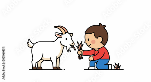 A happy young boy kneeling on the ground and feeding fresh green grass to a friendly white farm goat in a simple stylized outdoor landscape