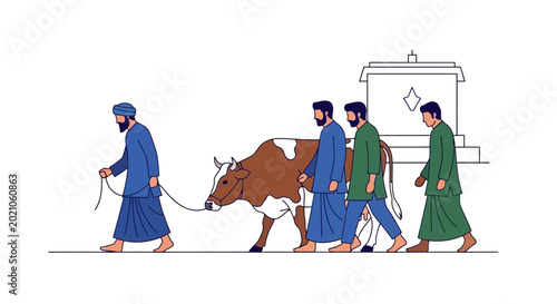 Group of men leading a cow during a traditional rural procession in a local village community setting on a plain white background workspace