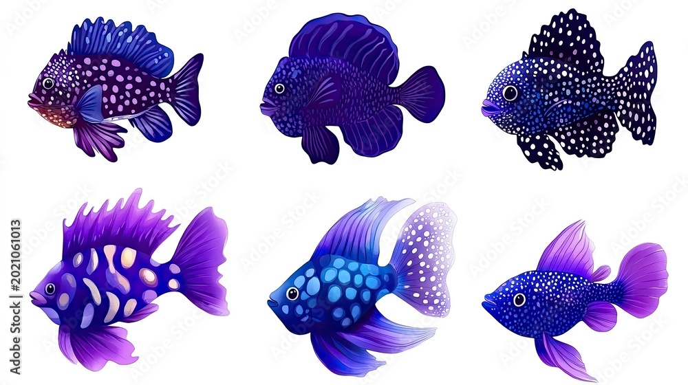 Fototapeta premium Vibrant Underwater Realm: Six Exquisitely Detailed Purple and Blue Fish