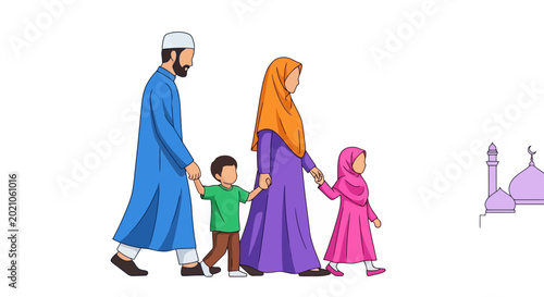 Muslim Family Holding Hands Walking Together Outdoors Toward A Traditional Mosque Building Representative Of Islamic Culture And Daily Lifestyle
