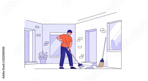 Person sweeping the indoor floor with a broom for routine home maintenance and cleanliness in a minimalist interior space living environment