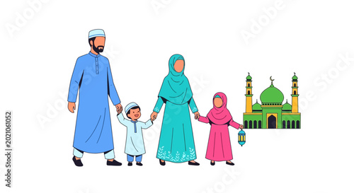 Muslim Family Holding Hands Together Standing Near A Green Mosque Building Representing Traditional Islamic Culture Values And Religious Unity