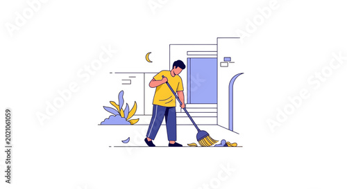 A Person Cleaning Up The Yard With A Broom Tool Outside A Residential House Building Entrance For Maintenance And Everyday Chores Concept Art