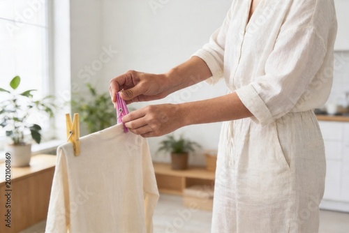 Woman drying freshly washed clothes with clothespins indoors, promoting sustainable living