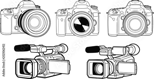 Camera and camcorder line art collection technical illustration