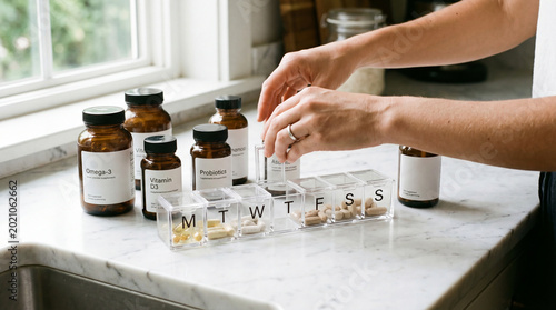 caucasian woman hands filling weekly pill organizer with vitamins and supplements on marble kitchen counter. amber glass bottles. daily health routine, medication management concept. banner, copyspace