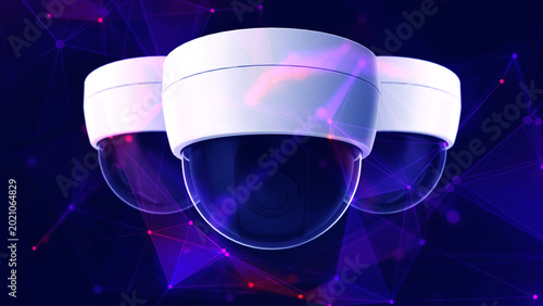 Fotografie Security camera, overlayed with digital plexus network