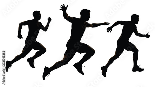 Obraz na plátně Silhouette of three men running showcasing dynamic movement and athletic competi