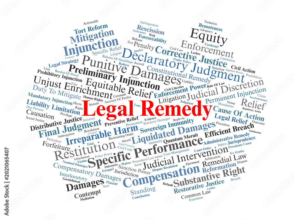 Obraz premium Legal Remedy Word Cloud. A visual overview of court-ordered relief including damages, injunctions, and equitable solutions designed to restore rights and address legal wrongs.