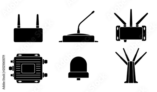 Canvastavla Set of 6 Black Electronic Device Icons: Routers, Microphones, Antennas, and Sire
