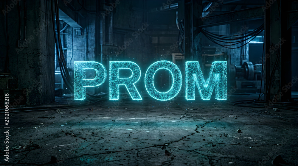 Naklejka premium Neon prom sign glowing in abandoned industrial building at night