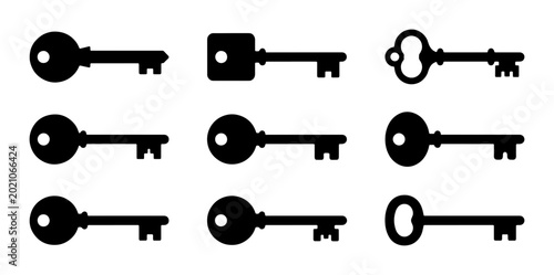 Konstfotografi Collection of Vintage and Modern Keys, Black Silhouette Icons for Security and A