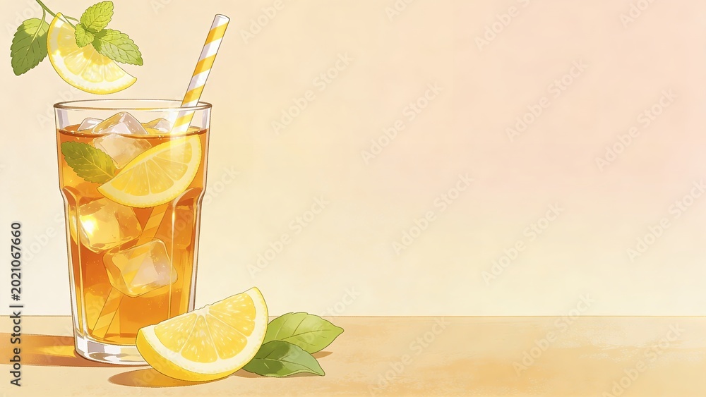 Fototapeta premium Refreshing Iced Tea Drink with Lemon Slices and Mint Leaves in a Tall Glass
