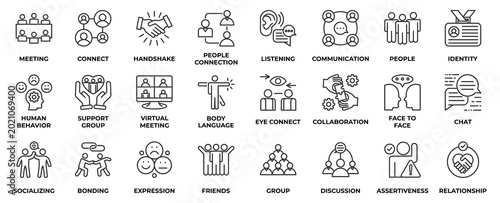 Human Interaction icon set collection in outline style, an icon pack contain relationship, collaboration, group, handshake, communication, meeting, face to face, chat, discussion. Vector Illustration.