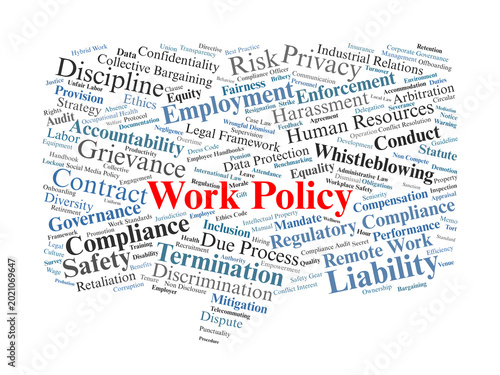 Work Policy Word Cloud. Visual Representation of Regulatory Standards, Employee Rights, and Corporate Governance. A Resource for Legal Experts and HR Compliance Professionals.