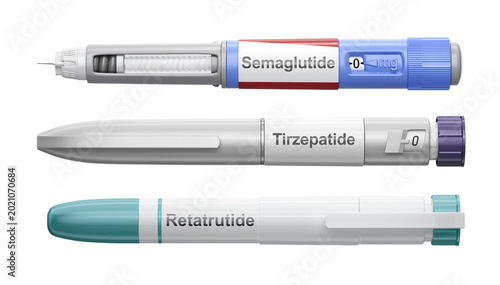 Obraz na plátně GLP-1 injection pens, semaglutide, tirzepatide, retatrutide labels