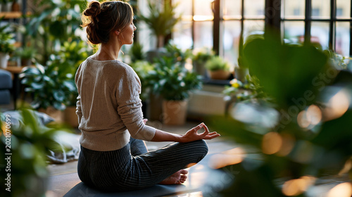 adult woman seated cross-legged on a yoga mat in a bright room with back to camera, hands resting on knees in a meditation mudra, surrounded by multiple green potted plants that