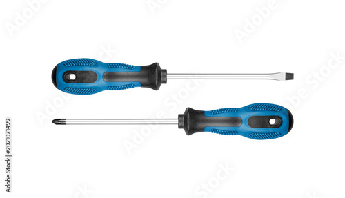 Φωτογραφία Set of Philips and flathead screwdrivers blue color on isolated white background