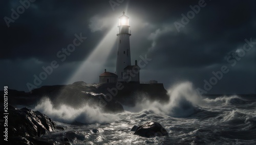 Lighthouse beam cutting through a dark and stormy night with crashing waves.