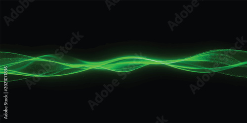 A vibrant abstract art wallpaper features glowing green and blue fractal waves with light effects, creating a dynamic vector design filled with energy and motion lines on a technology backdrop