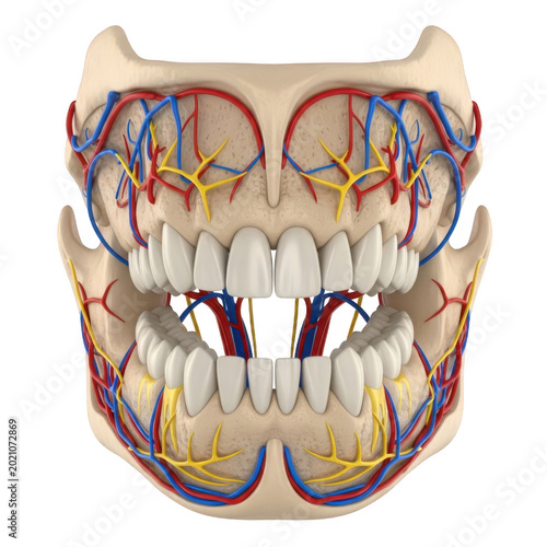 3D anatomical model of human jaw with teeth and vasculature on transparent background