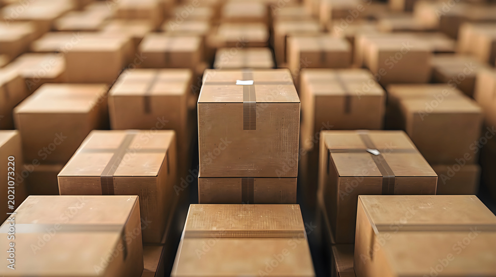 Fototapeta premium Professional stack of cardboard shipping boxes arranged symmetrically in large warehouse rows, abstract logistics pattern with tape-sealed parcels and depth.