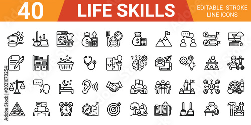 Bild auf Leinwand Set off 40 Outline icon related to life skills liner icon collection