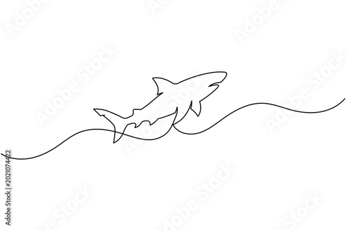 Shark leaping from ocean waves continuous one line drawing minimal predator vector illustration