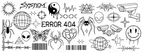 Schilderij op canvas Y2K Cyber Sigils and Dark Aesthetic Symbols Set, Tribal Gothic Elements, Alien a