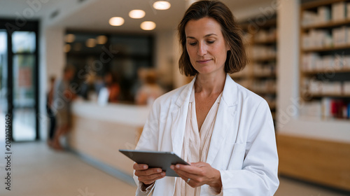 Pharmacist uses tablet interface to conduct drug interaction screening for complex polypharmacy patient, displayed medication list flagging renal dosing adjustment, hospital outpatient pharmacy sett