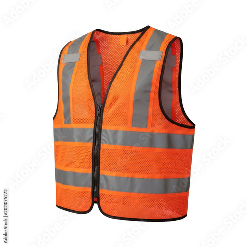 Neon orange safety vest with reflective stripes on transparent background high quality professional