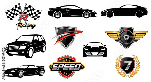 Collection of black car silhouettes and racing emblems.