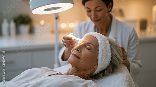 Dermatologist in clinical treatment room applying retinol serum with precision applicator to patient's forehead under magnification lamp, middle-aged woman relaxing in reclining chair as anti-aging 