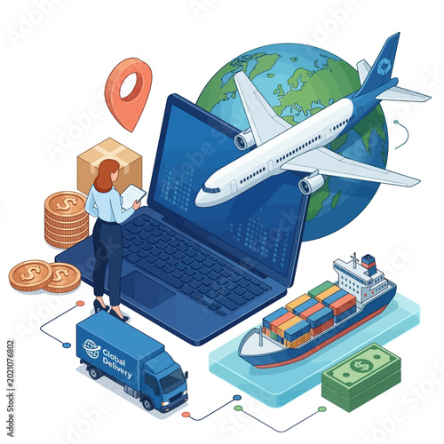 Quadro em tela Vector illustration recreated image depicts global shipping logistics with a lap