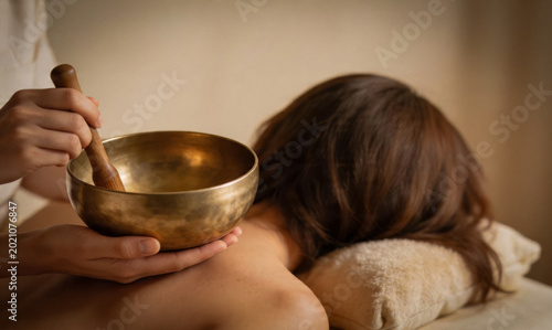Tableau sur toile Stress Relief Vibrational Massage with Sound Therapist Playing Tibetan Singing B