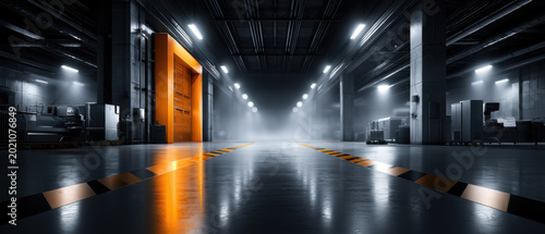 Industrial warehouse interior loft with machinery and equipment, blurred background