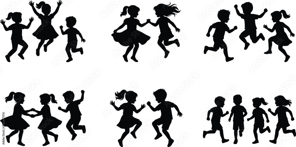 Obraz premium Happy Children Playing and Dancing Silhouette Set