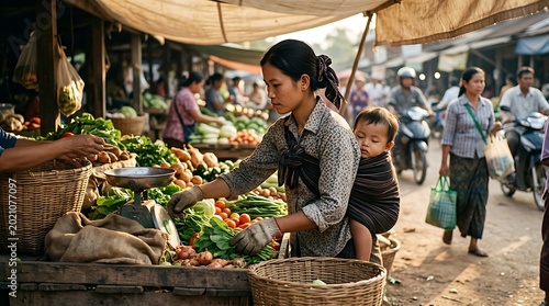 Woman with child shopping for fresh produce at a bustling outdoor market in Southeast Asia.