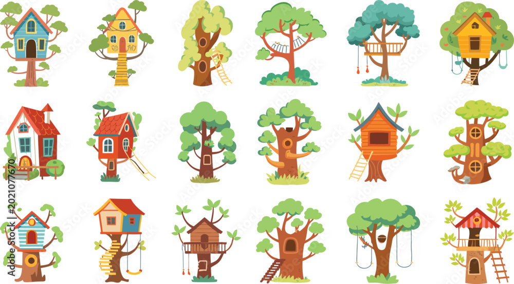 Fototapeta premium Colorful treehouse and house illustrations set Vector