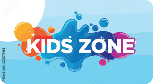 Vibrant kids zone logo with bold white text surrounded by colorful blue and purple bubbles on a light blue gradient background.